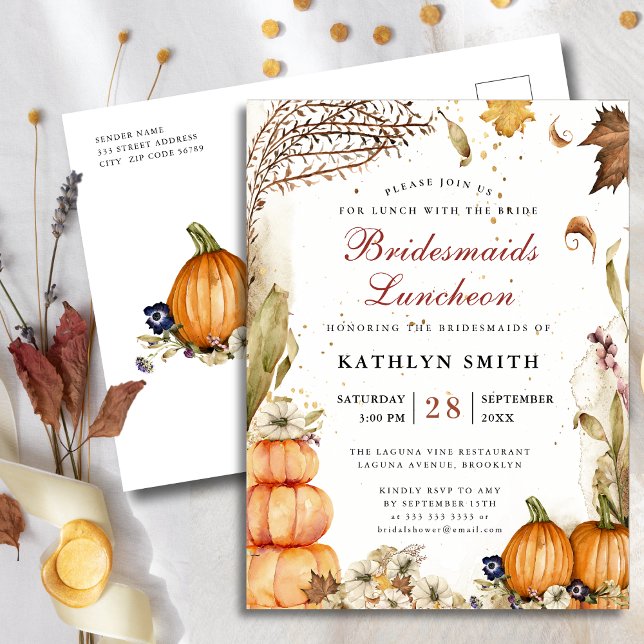 Fall In Love Rustic Pumpkin Bridesmaids Luncheon Invitation Postcard (Creator Uploaded)