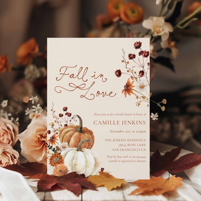Fall in Love Rustic Pumpkin Floral Bridal Shower Invitation (Fall in Love Rustic Autumn Bridal Shower invitation)
