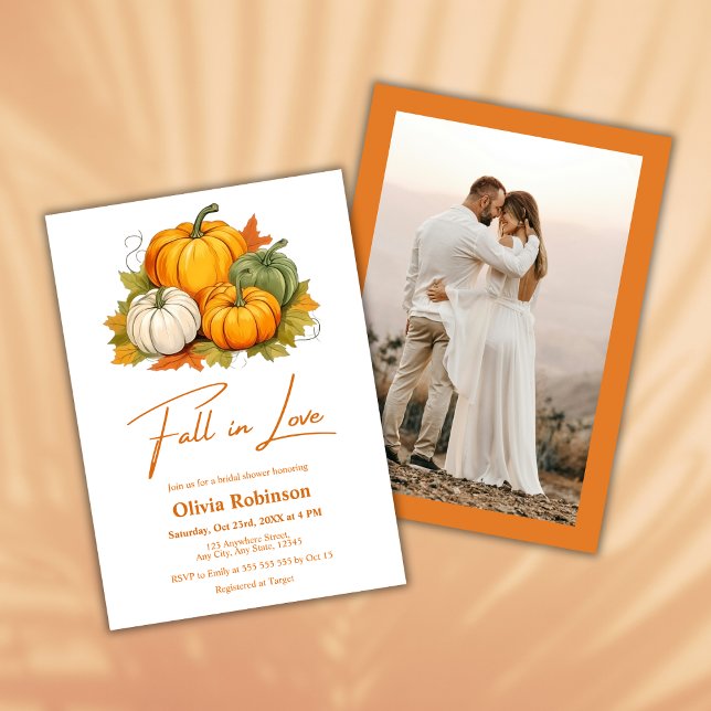 Fall in Love Rustic Pumpkin Photo Bridal Shower  Invitation (Fall in Love Autumn Rustic Pumpkin Photo Bridal Shower Invitation  )