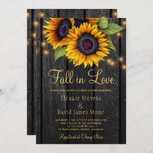 Fall in Love Rustic sunflowers wood couples shower Invitation