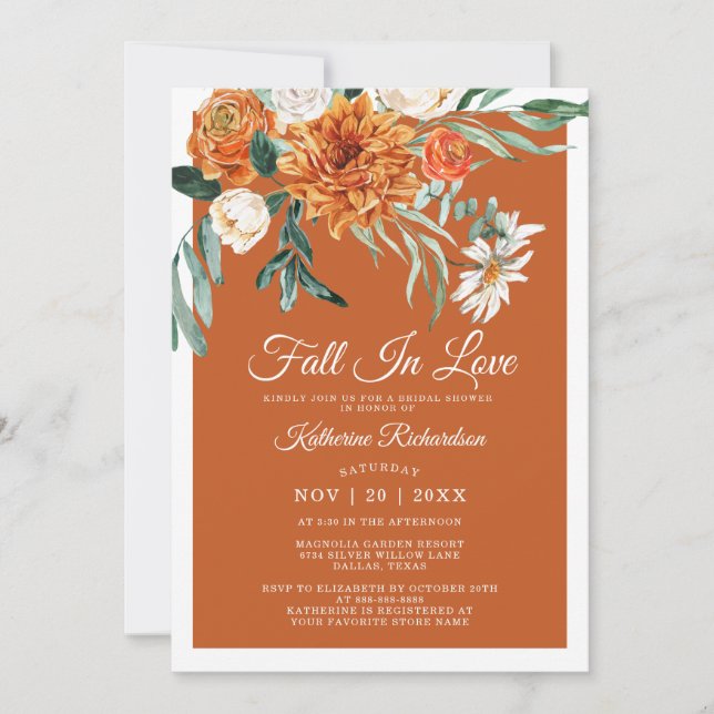 Fall In Love Rustic Terracotta Fall Bridal Shower Invitation (Front)