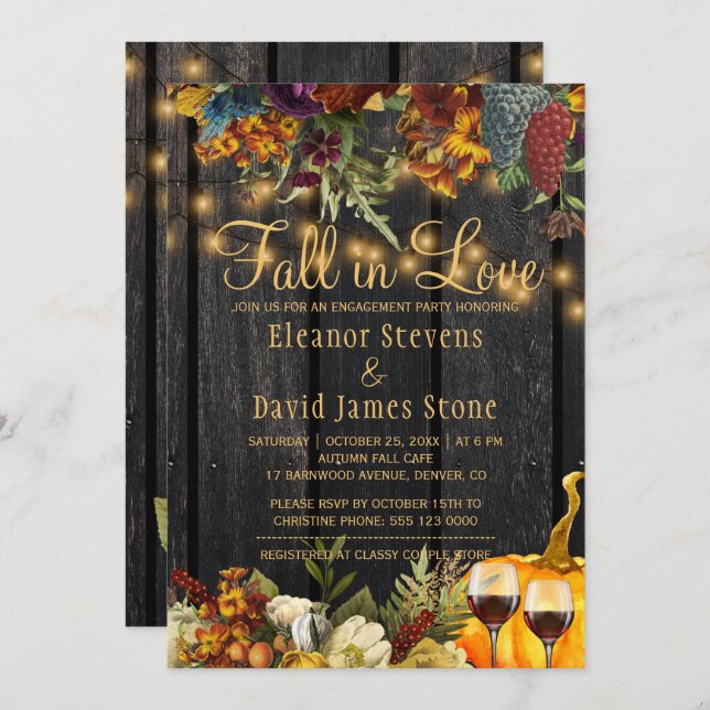 Fall in Love rustic wood floral engagement party Invitation (Front/Back)