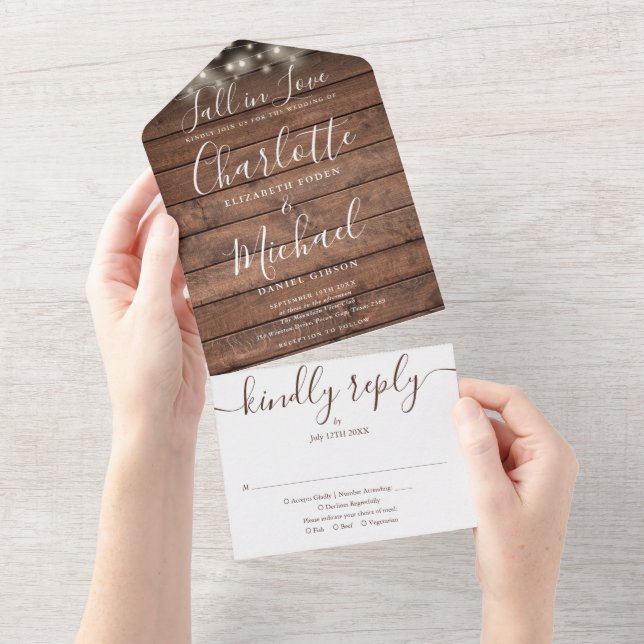 Fall In Love Rustic Wood String Lights Wedding  All In One Invitation (Tearaway)