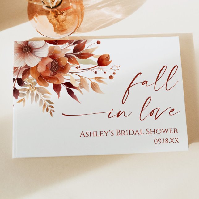 Fall In Love Rusty Burgundy Floral Bridal Shower Guest Book (Creator Uploaded)