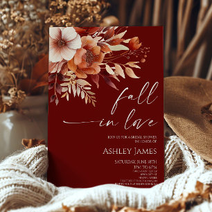 Fall In Love Rusty Burgundy Floral Bridal Shower Invitation