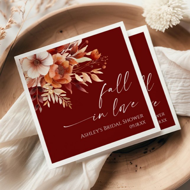 Fall In Love Rusty Burgundy Floral Bridal Shower Napkin (Creator Uploaded)