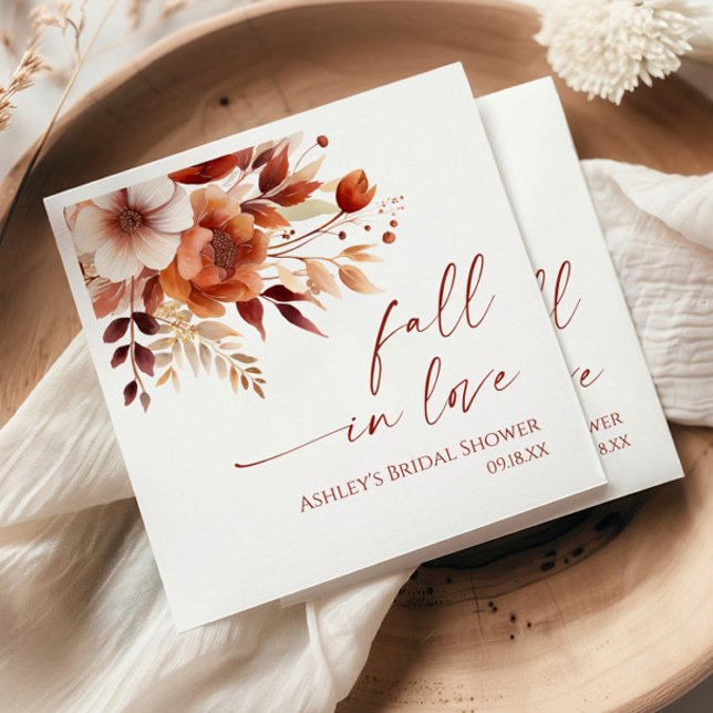 Fall In Love Rusty Burgundy Floral Bridal Shower Napkin (Creator Uploaded)