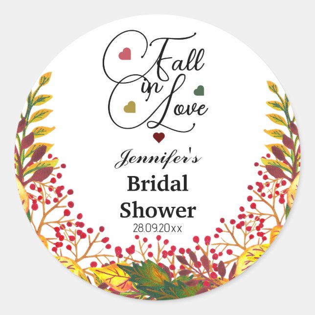 Fall in Love Script Floral Bridal Shower Classic Round Sticker (Front)