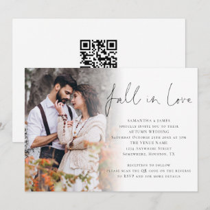 Fall In Love Script Photo Overlay QR Code Wedding Invitation
