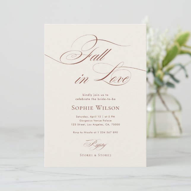 Fall In Love Sophisticated Script Bridal Shower Invitation (Standing Front)
