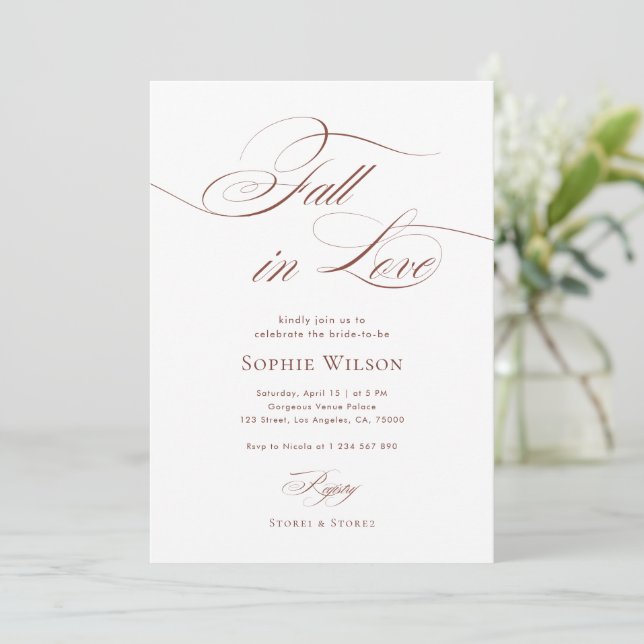 Fall In Love Sophisticated Script Bridal Shower Invitation (Standing Front)