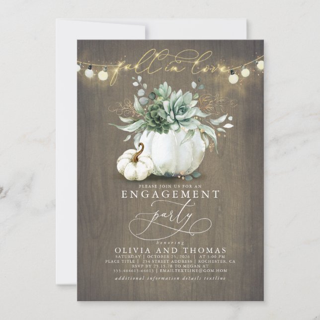 Fall in Love Succulents Pumpkins Engagement Party Invitation (Front)