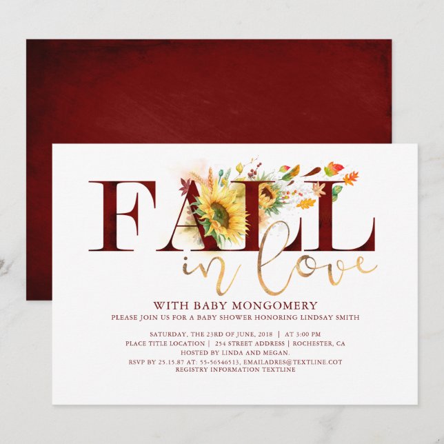 Fall in Love Sunflower Burgundy Floral Baby Shower Invitation (Front/Back)