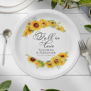 Fall in love Sunflower Floral Autumn Wedding Paper Plate