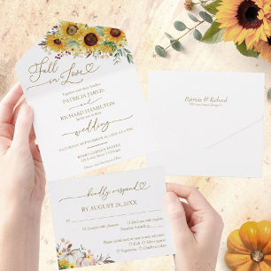 Fall In Love Sunflower Pumpkin Autumn Wedding All In One Invitation