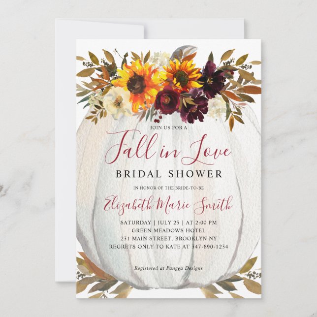 Fall in Love Sunflower Red Pumpkin Bridal Shower Invitation (Front)