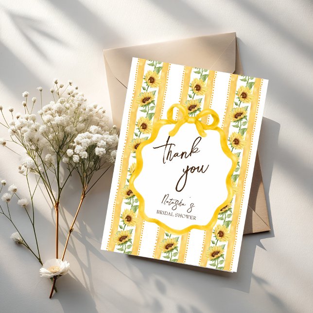 Fall in love sunflower yellow stripe bridal shower thank you card (Fall in love sunflowers yellow stripes bridal shower thank you card retro grand millennial thank you)