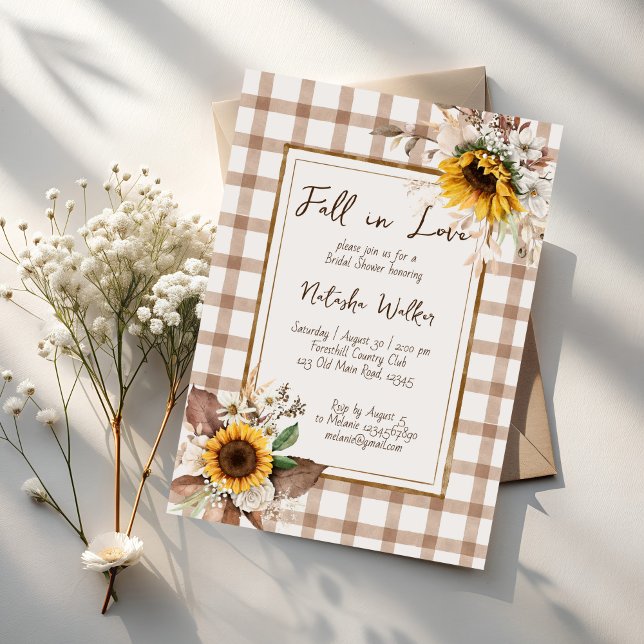 Fall in love sunflowers country bridal shower invitation (Fall in love sunflowers terracotta gingham country bridal shower invitation cards template)