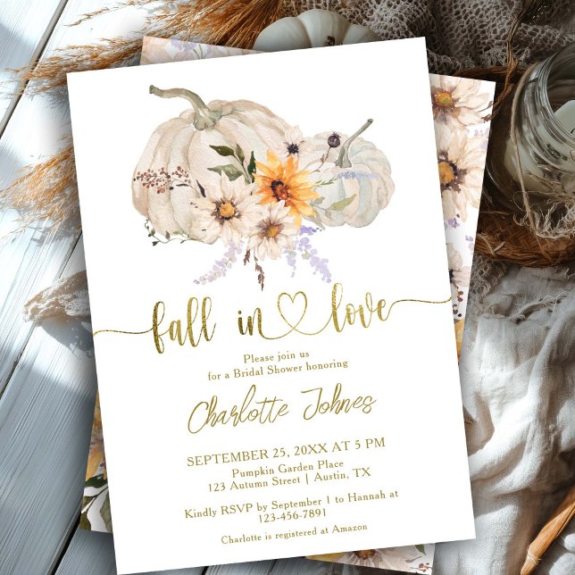 Fall In Love Sunflowers Pumpkin Gold Bridal Shower Invitation (Creator Uploaded)