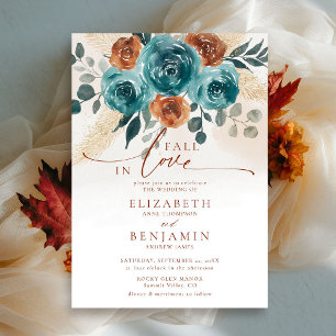 Fall in Love Teal Burnt Orange Boho Floral Wedding Invitation