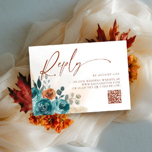 Fall in Love Teal Burnt Orange Boho QR Reply Card
