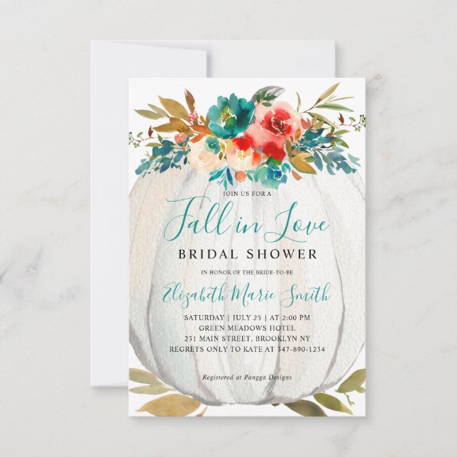 Fall in Love Teal Floral Pumpkin Bridal Shower Card (Front)