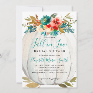 Fall in Love Teal Floral Pumpkin Bridal Shower Invitation