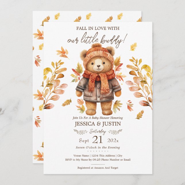 Fall in Love Teddy Bear Leaves Baby Shower Invitation (Front/Back)