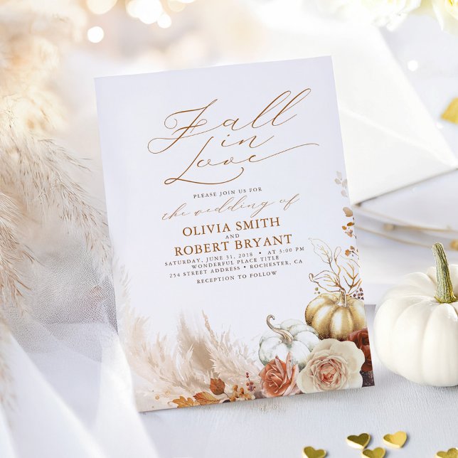 Fall In Love Terracotta and Gold Pumpkins Wedding Invitation (Pumpkins Fall In Love Terracotta Wedding Invitations)