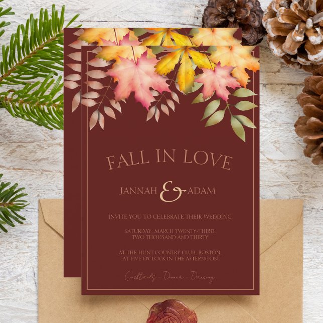 Fall in Love Terracotta Autumn Fall Leaves Wedding Invitation (Creator Uploaded)