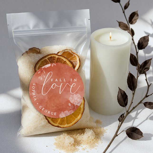 Fall in Love Terracotta Floral Wedding Sticker (Fall in love - Favor Sticker)