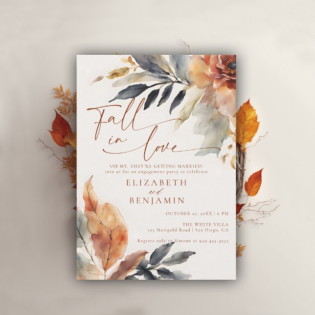 Fall in Love Terracotta Leaves Engagement Party Invitation (fall engagement party invitation rustic leaves foliage floral botanical frame elegant backyard barn)