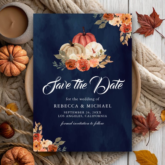 Fall in Love Terracotta Pumpkin Navy Blue Wedding Save The Date (Creator Uploaded)