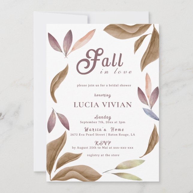 Fall In Love Watercolor Leaves Bridal shower Invitation (Front)