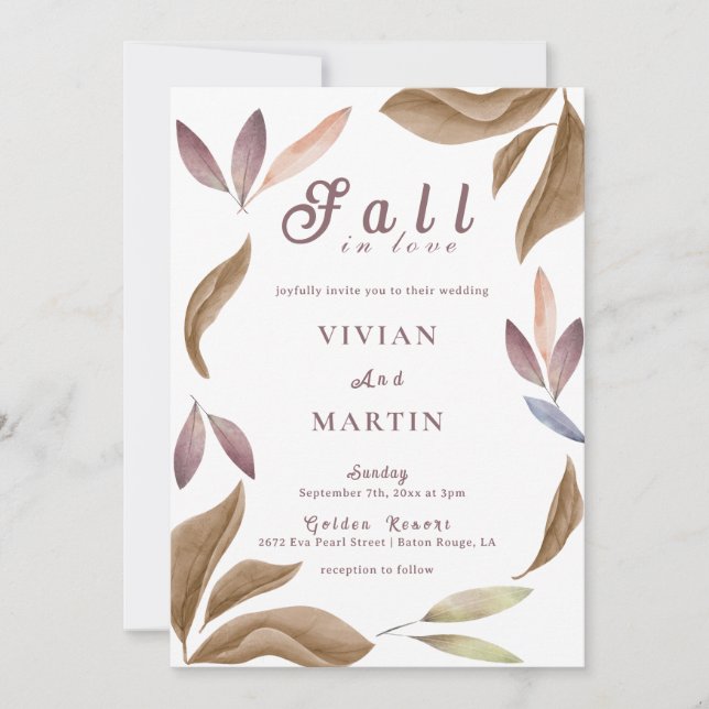 Fall In Love Watercolor Leaves Wedding Invitation (Front)
