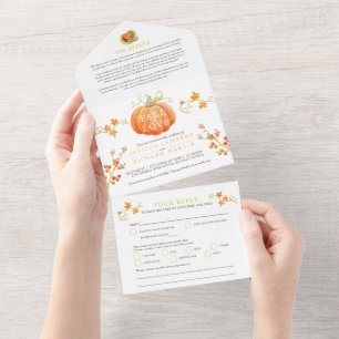 Fall in love watercolor pumpkin autumnal wedding all in one invitation