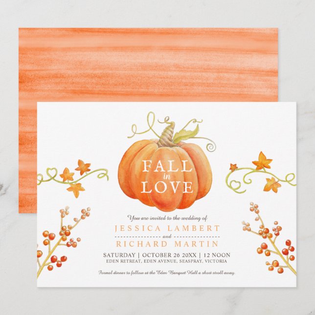 Fall in love watercolor pumpkin autumnal wedding  invitation (Front/Back)