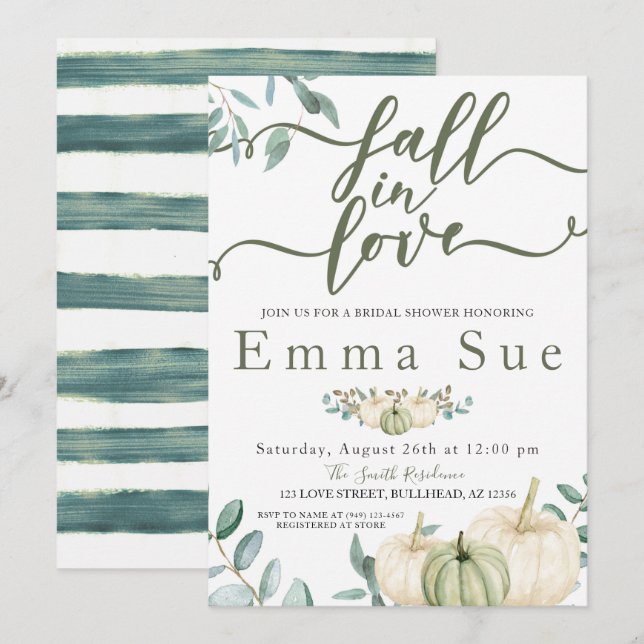 Fall In Love Watercolor Pumpkins Bridal Shower Invitation (Front/Back)