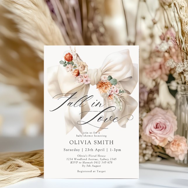Fall in Love White Bow Floral Baby Shower Invitation (Creator Uploaded)