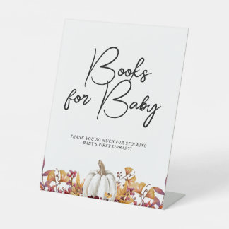 Fall in Love White Pumpkin Books for Baby Shower Pedestal Sign