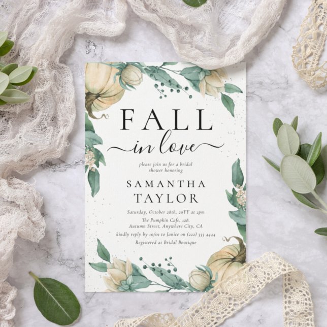 'Fall in Love' White Pumpkin Bridal Shower Invitation (Creator Uploaded)