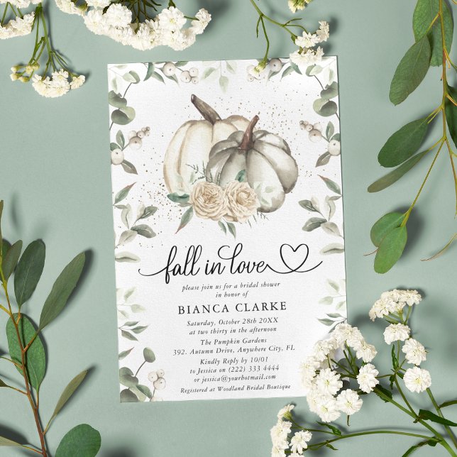 Fall in Love White Pumpkin Greenery Bridal Shower Invitation (Creator Uploaded)