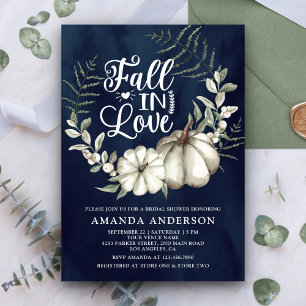 Fall in Love White Pumpkin Sage Navy Bridal Shower Invitation