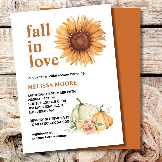 Fall in love white pumpkin sunflower bridal shower invitation (Creator Uploaded)