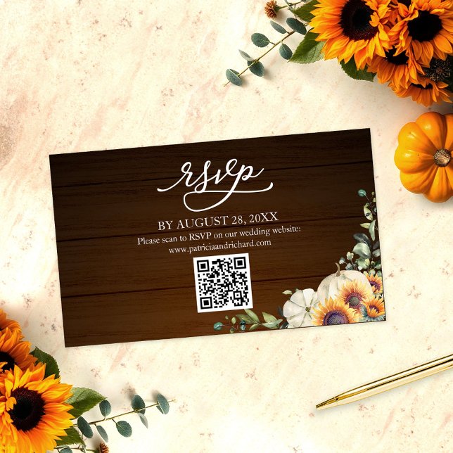 Fall in Love White Pumpkin Sunflower QR Code RSVP Enclosure Card (Creator Uploaded)