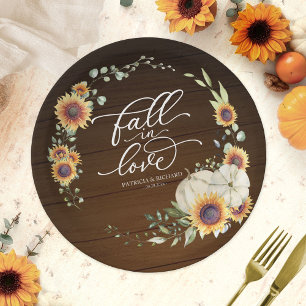 Fall in Love White Pumpkin Sunflower Wedding Paper Plate