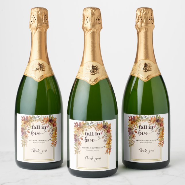 Fall In Love With Baby Autumn Leaves Shower Sparkling Wine Label (Bottles)