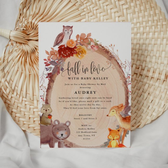 Fall in Love Woodland Animals, Baby Shower by Mail Invitation (Cute Fall In Love rustic Baby Shower invitations)