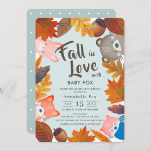 Fall in Love Woodland Animals Blue Baby Shower Invitation