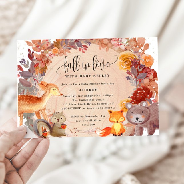 Fall in Love Woodland Animals, Rustic Baby Shower Invitation (Creator Uploaded)